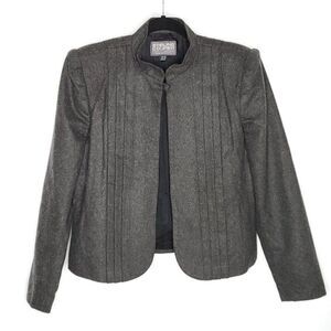Wool Open Blazer Jacket L Mandarin Collar Front Tuxedo Pleats Puff Sleeves Gray